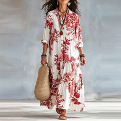 Tiered button-down maxi dress with red floral print and three-quarter sleeves