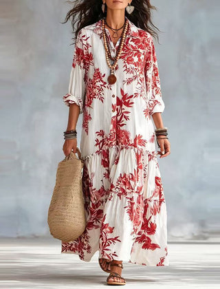Tiered button-down maxi dress with red floral print and three-quarter sleeves
