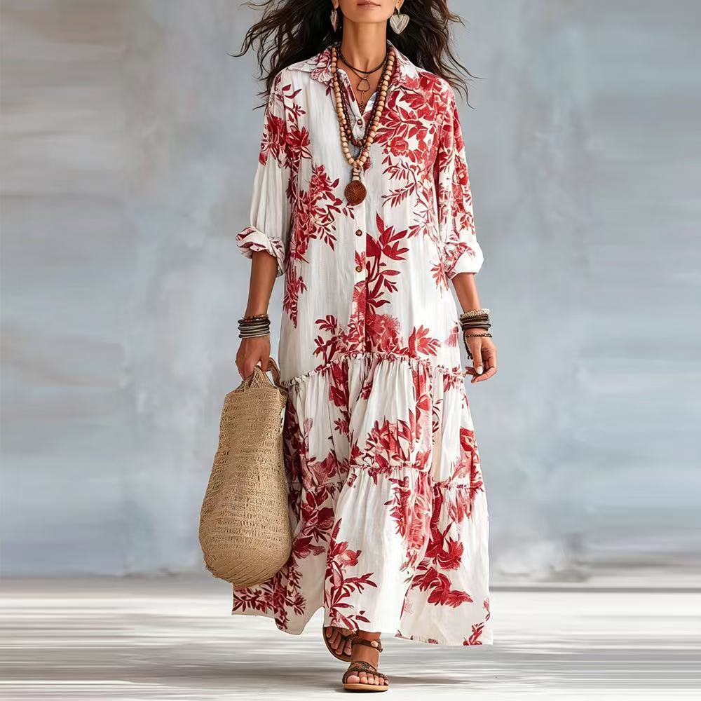 Tiered button-down maxi dress with red floral print and three-quarter sleeves