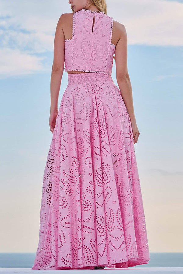 Women’s eyelet sleeveless maxi dress set with tiered skirt, pink lace embroidery.