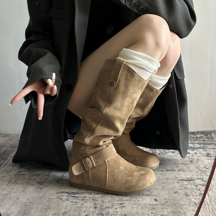Khaki suede flat-sole orthopedic boot with side zipper and buckle ankle strap