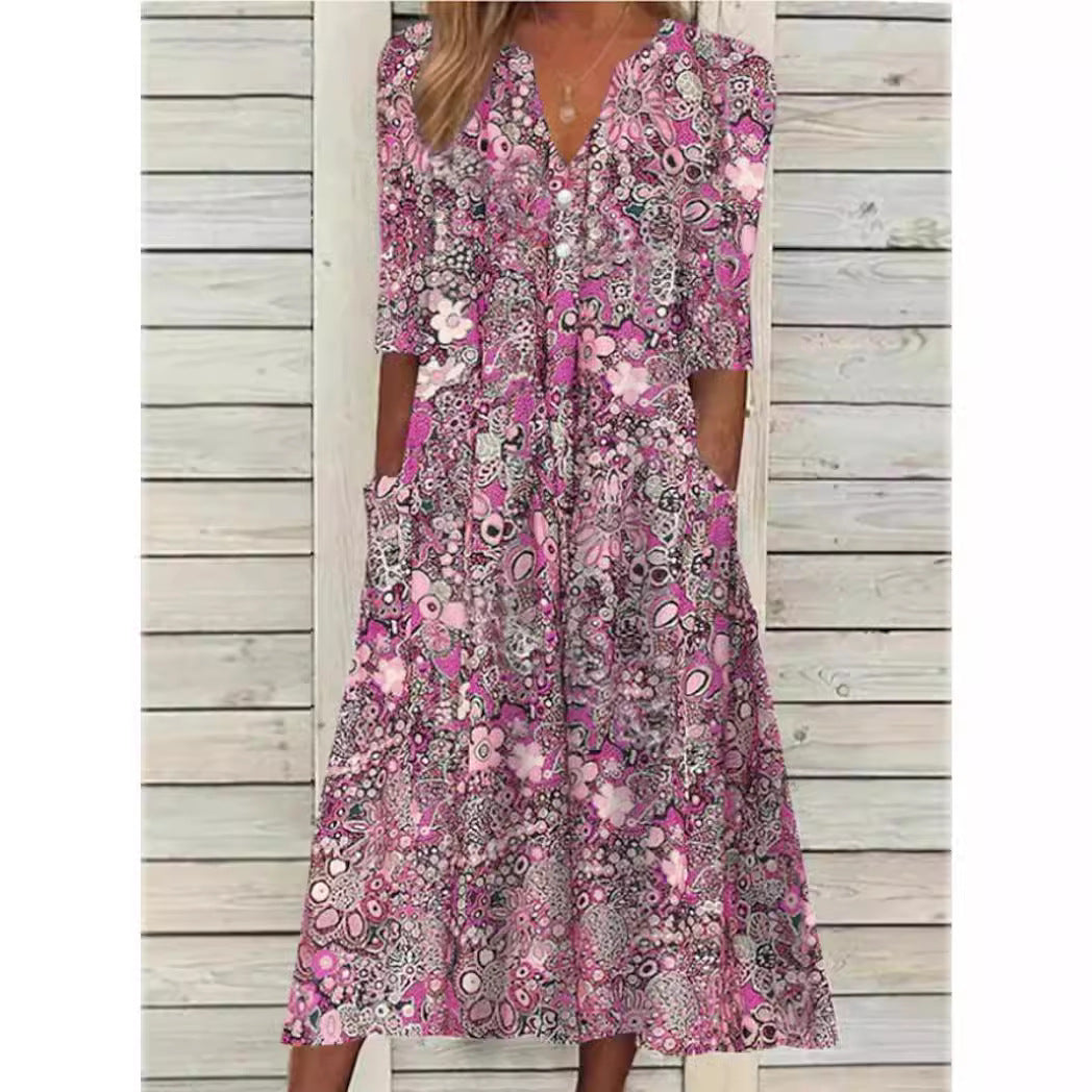 Pink floral paisley summer dress with V-neck and three-quarter sleeves