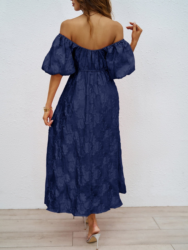 Navy off-shoulder midi dress from back view with puff sleeves and waist gathers