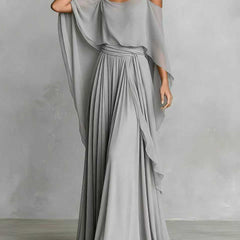 Grey draped cold-shoulder maxi dress with asymmetrical cape sleeves and pleated skirt