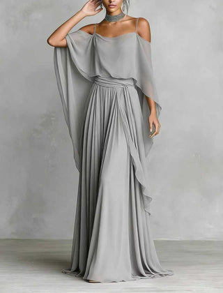 Grey draped cold-shoulder maxi dress with asymmetrical cape sleeves and pleated skirt