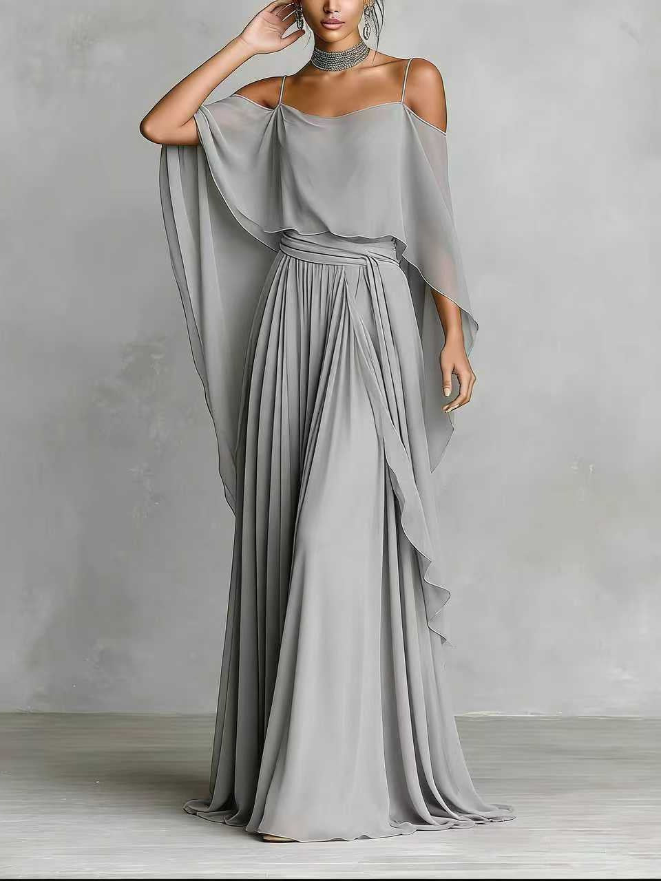 Grey draped cold-shoulder maxi dress with asymmetrical cape sleeves and pleated skirt
