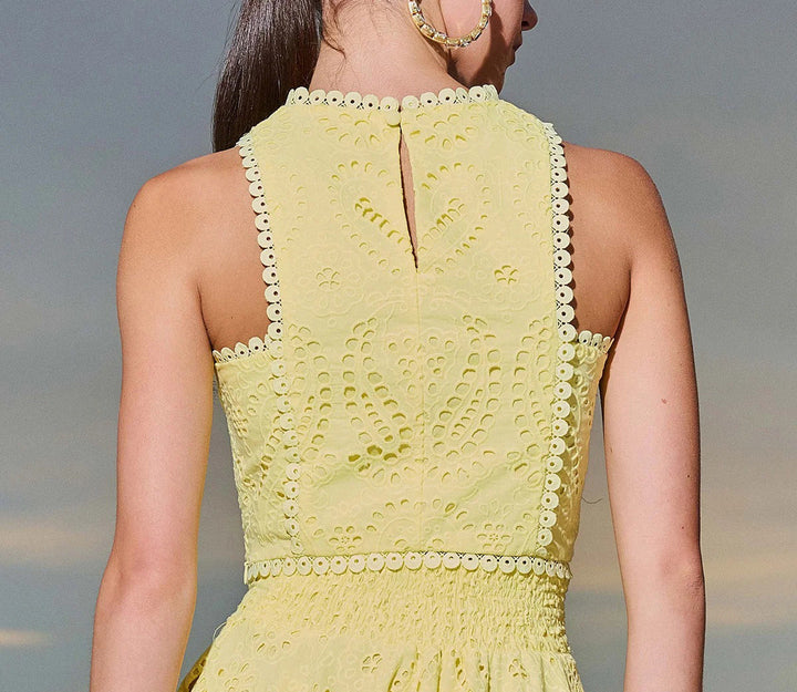 Women’s yellow eyelet set dress top with sleeveless high neck and scalloped trim