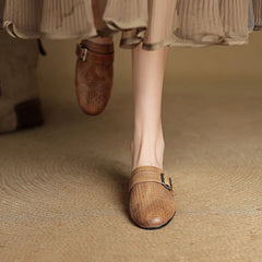 Cognac leather mule with square toe and adjustable buckle strap