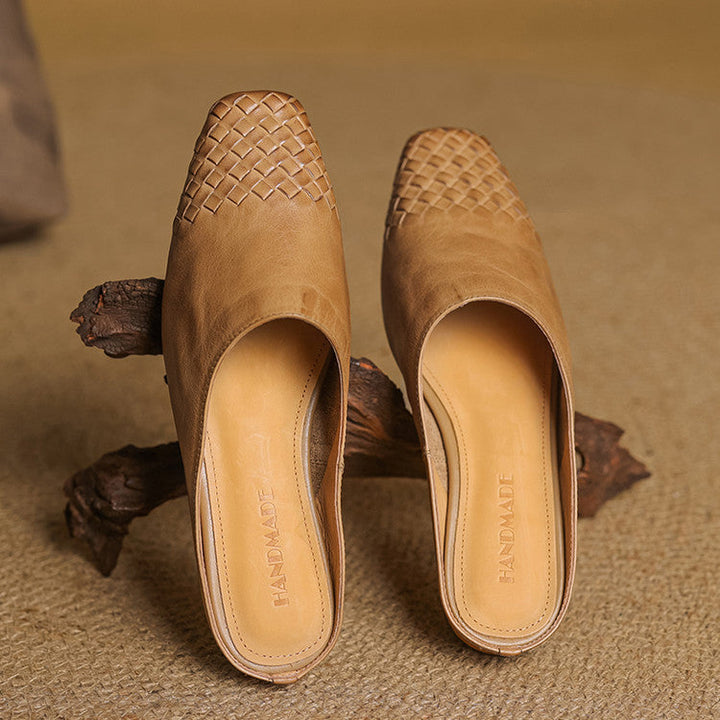 Tan genuine leather mules shown front and side with woven square-toe panels