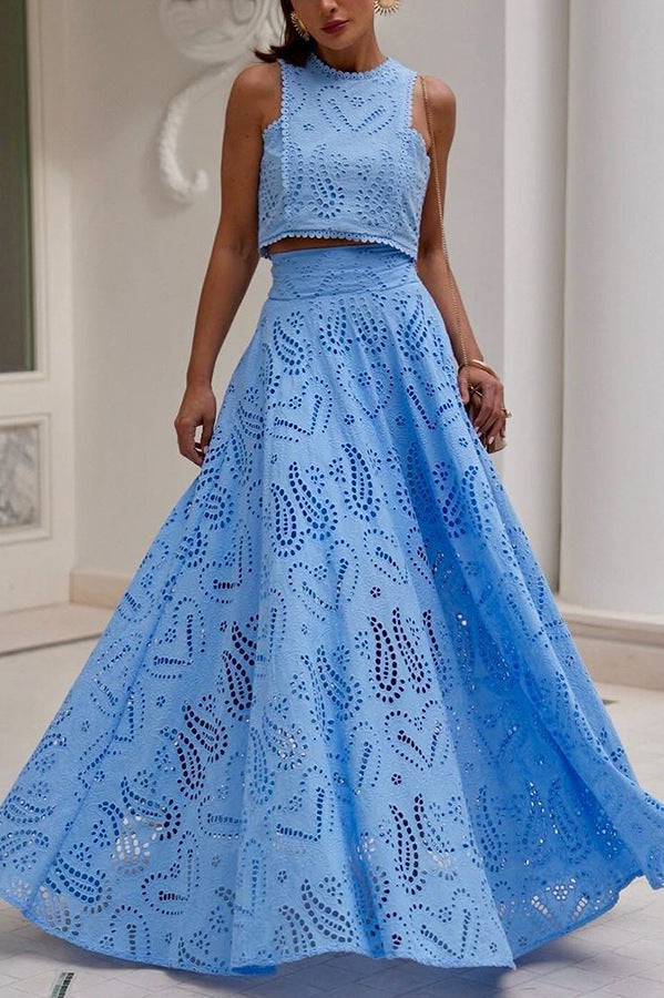 Women’s blue eyelet set dress with sleeveless bodice and full A-line skirt