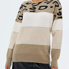 Leopard-print crewneck knit sweater with white upper and tan lower panel