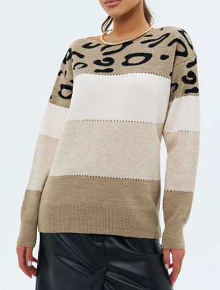 Leopard-print crewneck knit sweater with white upper and tan lower panel
