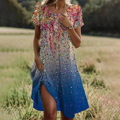 Multicolor sequin-like short-sleeve midi dress, square neck, and side slit