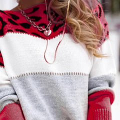 Leopard-print knit sweater with white chest and red lower panel, long sleeves