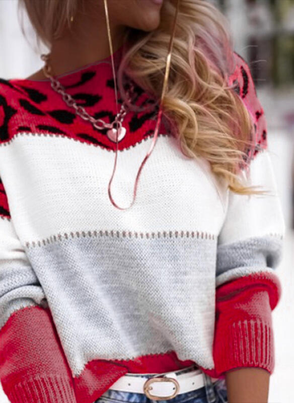 Leopard-print knit sweater with white chest and red lower panel, long sleeves