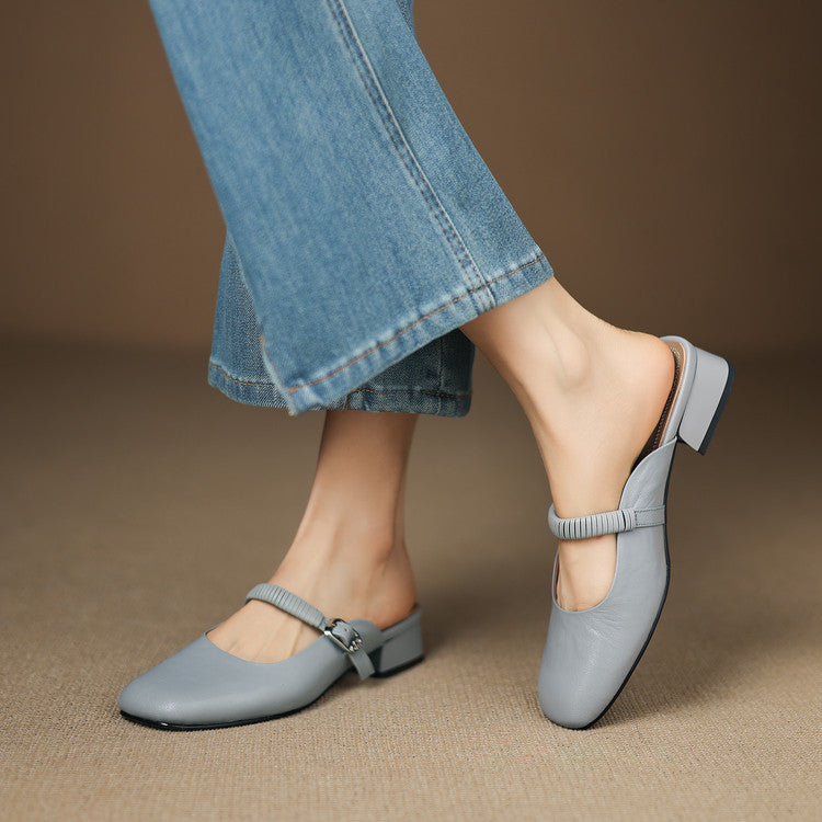 Light blue leather Mary Jane mule with elastic strap and rounded toe block heel