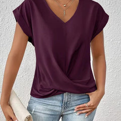 Women's V-neck T-shirt in deep maroon, draped crossover front