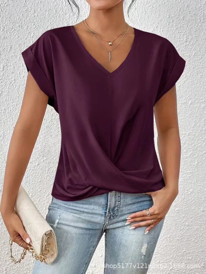 Women's V-neck T-shirt in deep maroon, draped crossover front