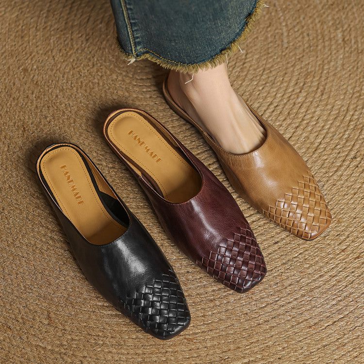 Black and burgundy genuine leather mules with woven square-toe uppers