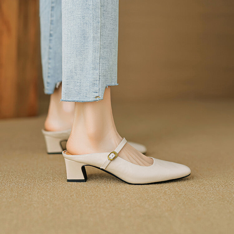 Beige slip-on leather mule with side strap and gold buckle, low block heel.