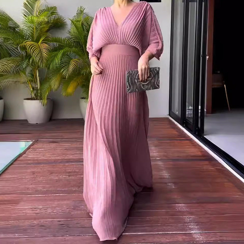 Dusty rose ribbed V-neck maxi dress with gathered waist and 3/4 sleeves