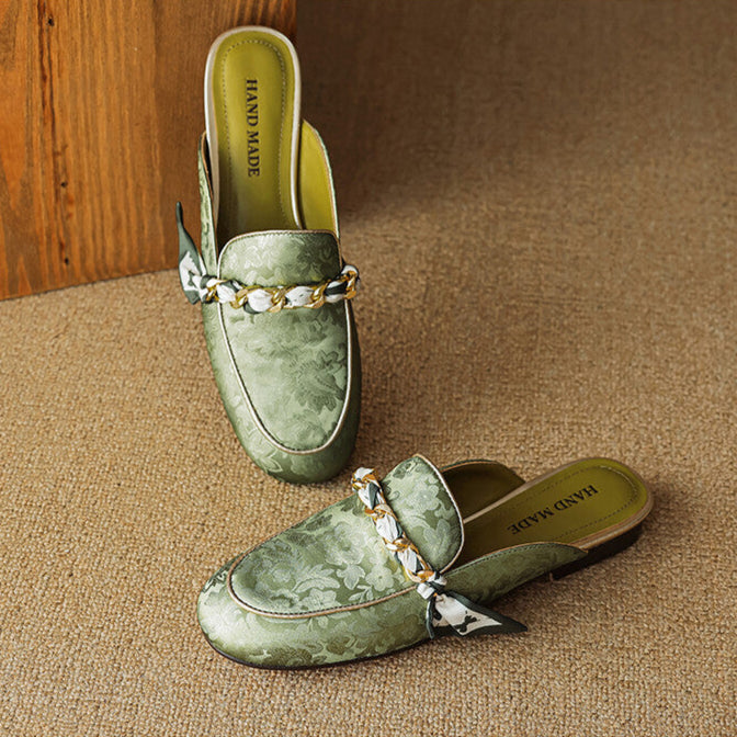 Green genuine leather mules with floral print, braided tassel bow, flat slip-on
