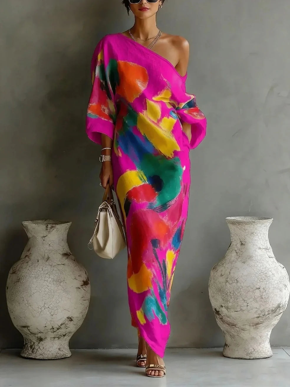 Danella™ one-shoulder maxi dress in pink with multicolor abstract paint print, draped sleeve