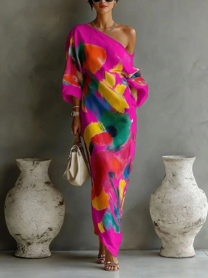 Danella™ one-shoulder maxi dress in pink with multicolor abstract paint print, draped sleeve