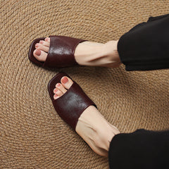 Maroon open-toe mule sandals in genuine leather with low block heel