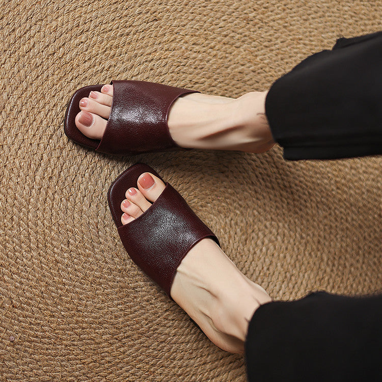 Maroon open-toe mule sandals in genuine leather with low block heel