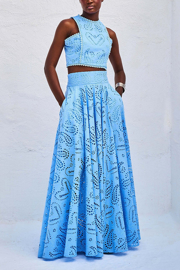 Women’s eyelet sleeveless maxi dress set with matching top, blue lace detailing.