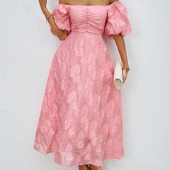 Pink off-shoulder midi summer dress with puff sleeves, ruched bodice, and full skirt