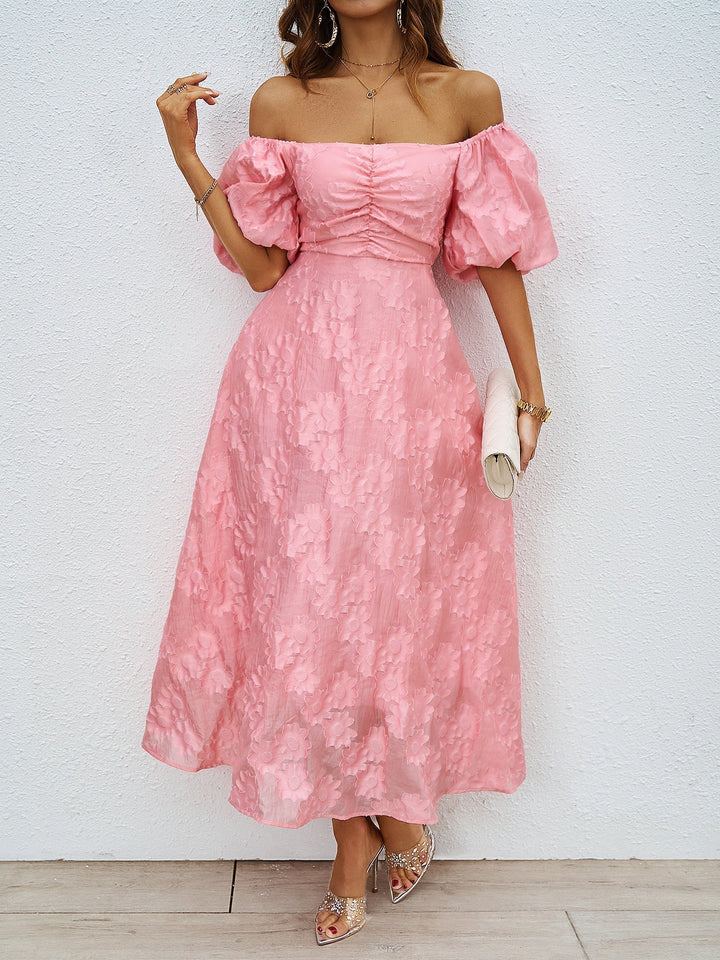 Pink off-shoulder midi summer dress with puff sleeves, ruched bodice, and full skirt