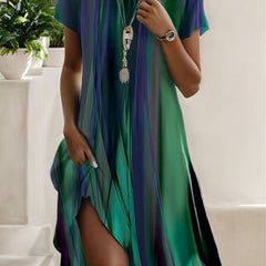 Women's midi summer dress, blue-green vertical stripes, short sleeves, button front, side slit