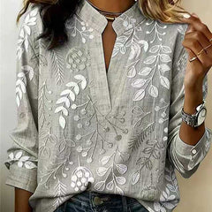 Grey embroidered popover blouse with V-neck and 3/4 sleeves, vine and flower pattern