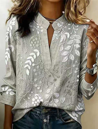 Grey embroidered popover blouse with V-neck and 3/4 sleeves, vine and flower pattern