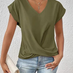 Women's V-neck T-shirt in olive green, draped crossover front