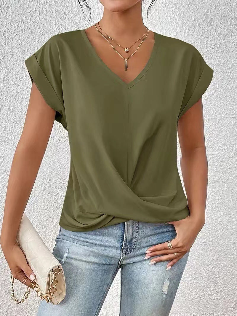 Women's V-neck T-shirt in olive green, draped crossover front