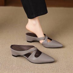Gray pointed-toe mule with cross-strap cutout and low block heel