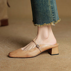 Apricot genuine leather mules with square toe, side buckle strap, and block heel