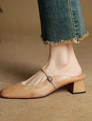 Apricot genuine leather mules with square toe, side buckle strap, and block heel