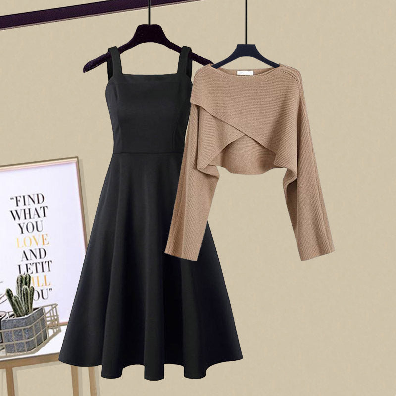 Amberly™ elegant dress set: black fit-and-flare sleeveless dress with ruffle top