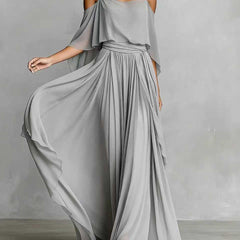 Grey draped cold-shoulder maxi dress with off-shoulder cape and pleated bodice