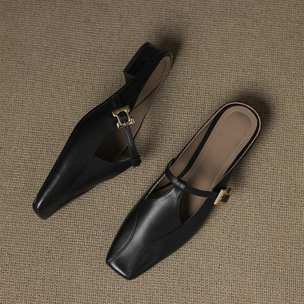 Black genuine leather mules with square toe and adjustable buckle strap
