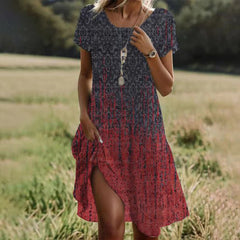 Charcoal and red short-sleeve midi dress with abstract pattern, V-neck and side slit