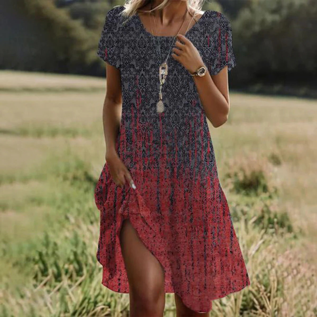 Charcoal and red short-sleeve midi dress with abstract pattern, V-neck and side slit