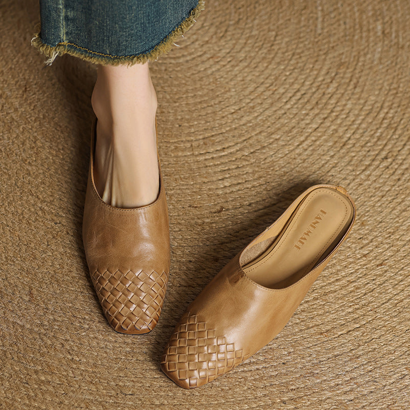 Tan genuine leather mules with woven toe detail and flat open-back design