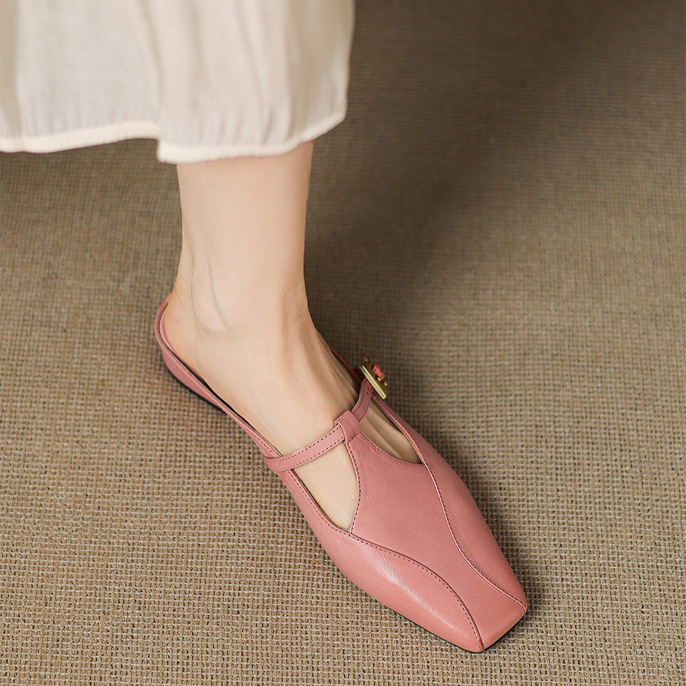 Pink leather mule slides with square toe, cutout opening, gold buckle sling strap