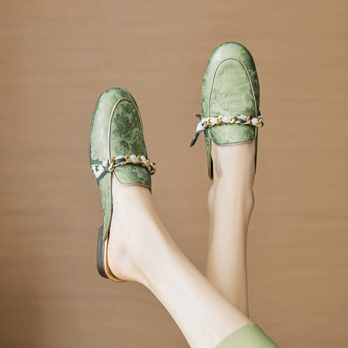 Green genuine leather mules with floral print, bow ornament, low flat slip-on