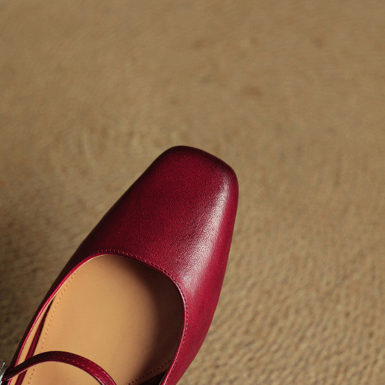 Close-up of red genuine leather mule toe with slingback opening